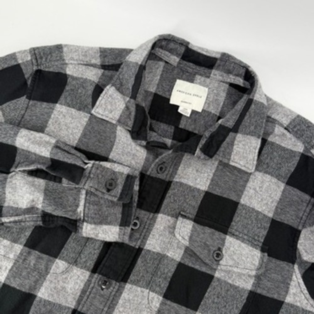 American Eagle Mens Large Classic Fit Buffalo Plaid Flannel Shirt Grey Black L